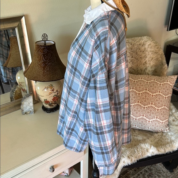 FP Sunday morning, sleep shirt, light blue flannel pop over polo collared top S - Picture 5 of 15